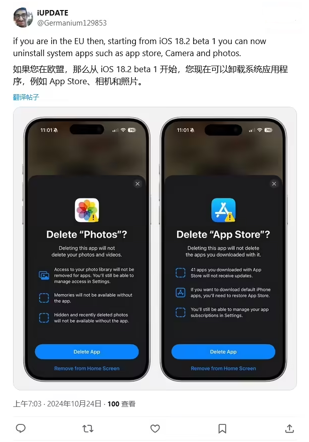 顺庆苹果手机维修分享iOS 18.2 支持删除 App Store 应用商店 